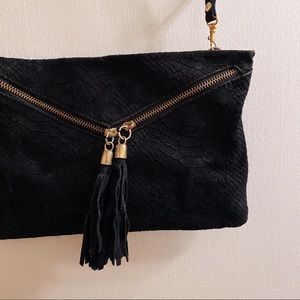 Black Italian Leather V-Zip Clutch or Crossbody